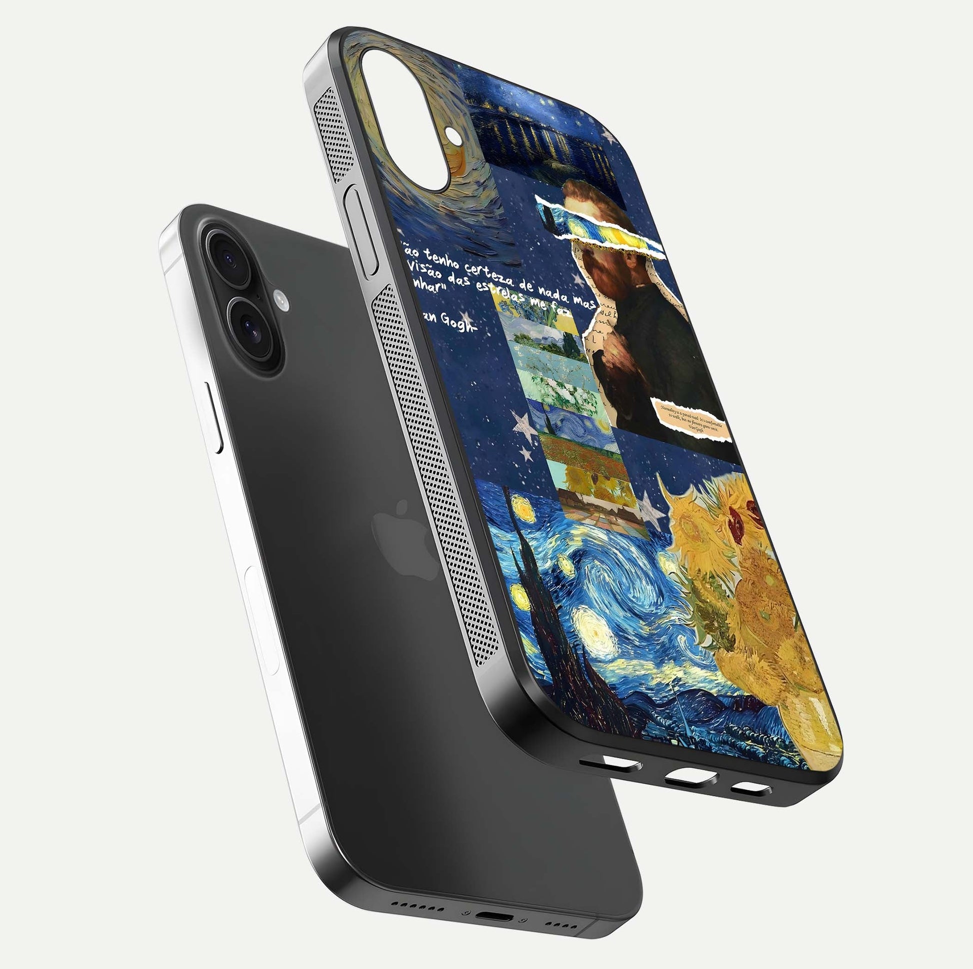 Starry Dream Vision Glass Case for iPhone 16 Plus floating dual-view mockup displaying gloss surface and clarity