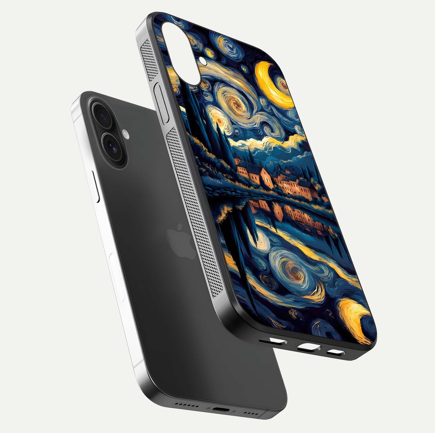 Starry Sky Serenity Glass Case for iPhone 16 Plus floating dual-view mockup displaying gloss texture and shine