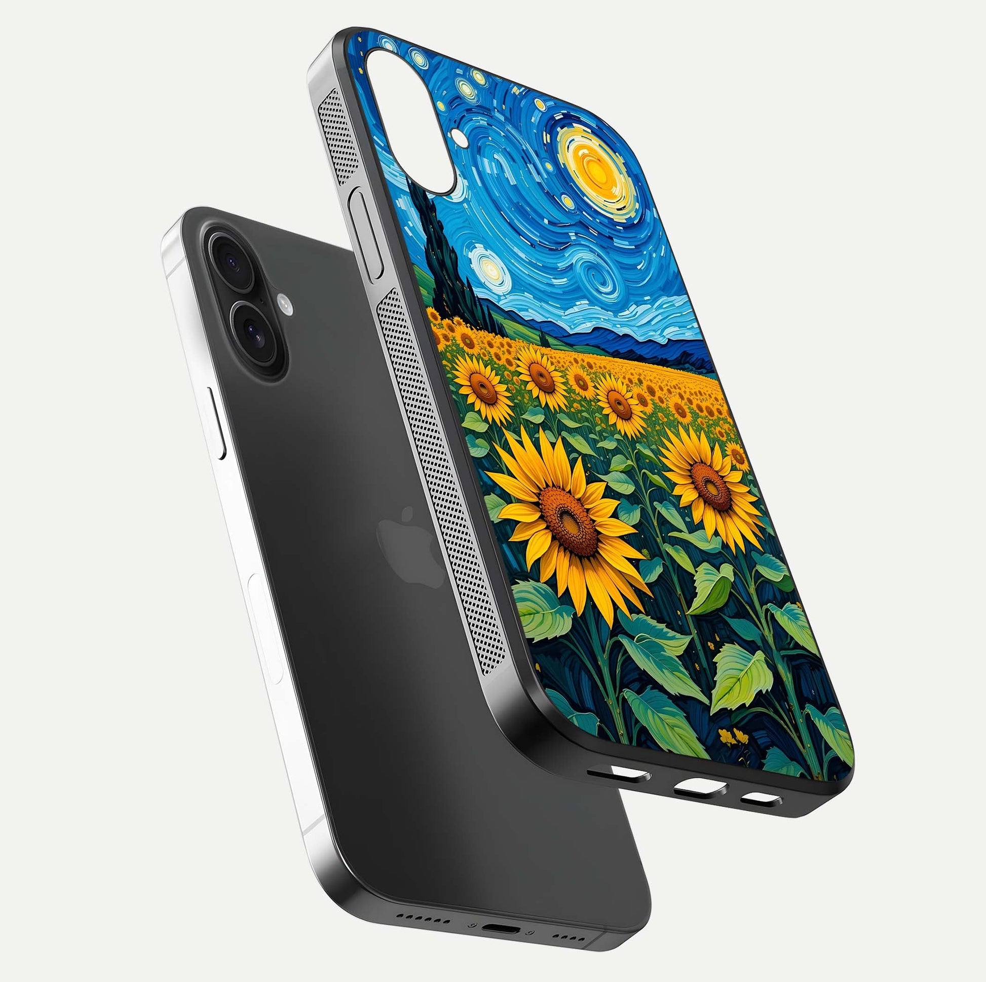 Starry Sunflower Dreams Glass Case for iPhone 16 Plus floating dual-view mockup displaying gloss and vivid print