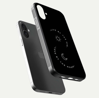 Sun Moon Balance Glass Case for iPhone 16 Plus floating dual-view mockup displaying gloss surface and edge clarity