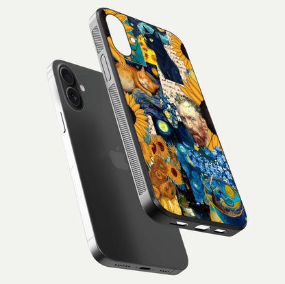 Sunflower Cat Art Glass Case for iPhone 16 Plus floating dual-view mockup displaying gloss shine and HD art print