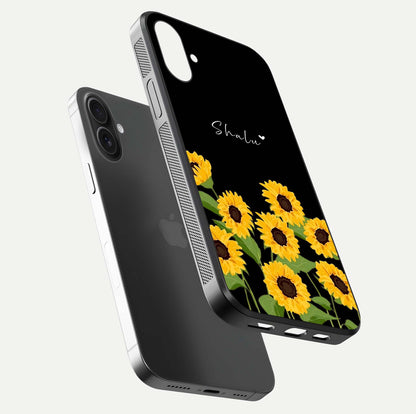 Sunflower Chic Mood Custom Name Glass Case for iPhone 16 Plus floating dual-view mockup displaying gloss texture and detail