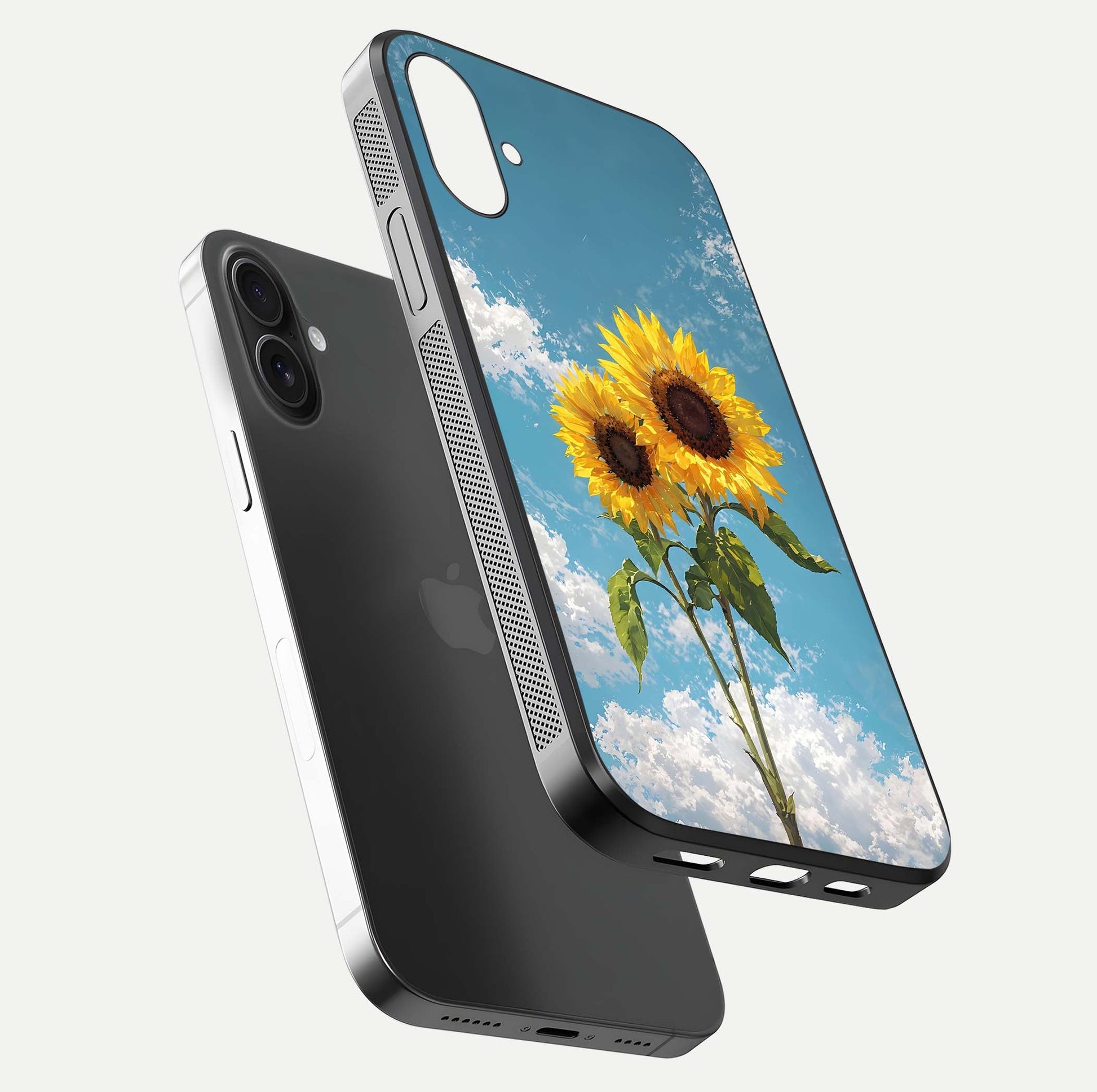 Sunflower Sky Bloom Glass Case for iPhone 16 Plus floating dual-view mockup displaying gloss shine and vibrant texture