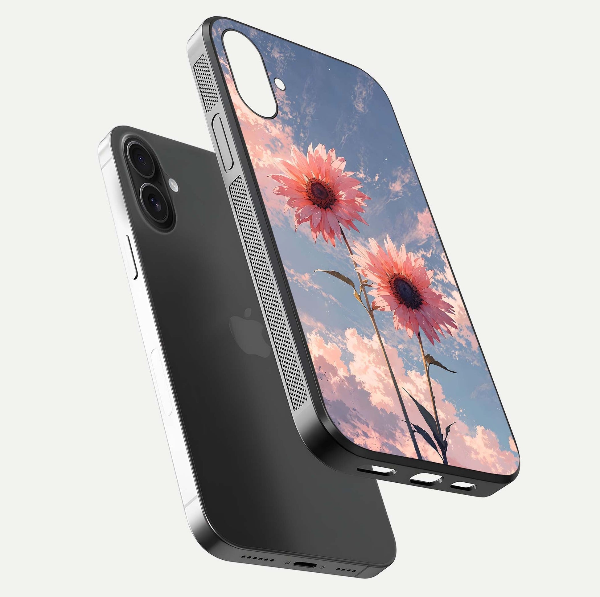 Sunlit Daisy Glow Glass Case for iPhone 16 Plus floating dual-view mockup displaying gloss finish and HD print