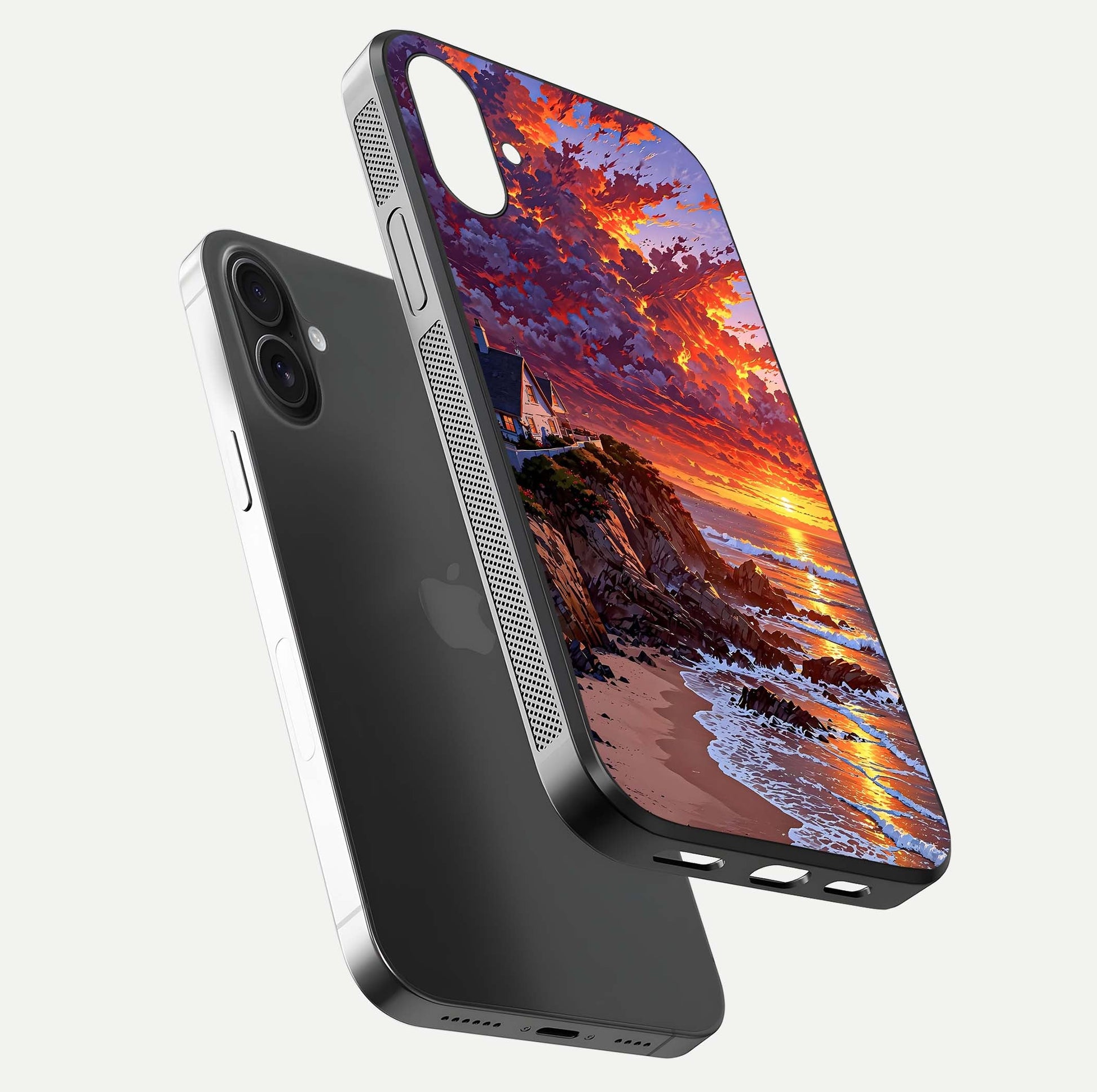 Sunset House by Sea Glass Case for iPhone 16 Plus floating dual-view mockup displaying gloss shine and depth
