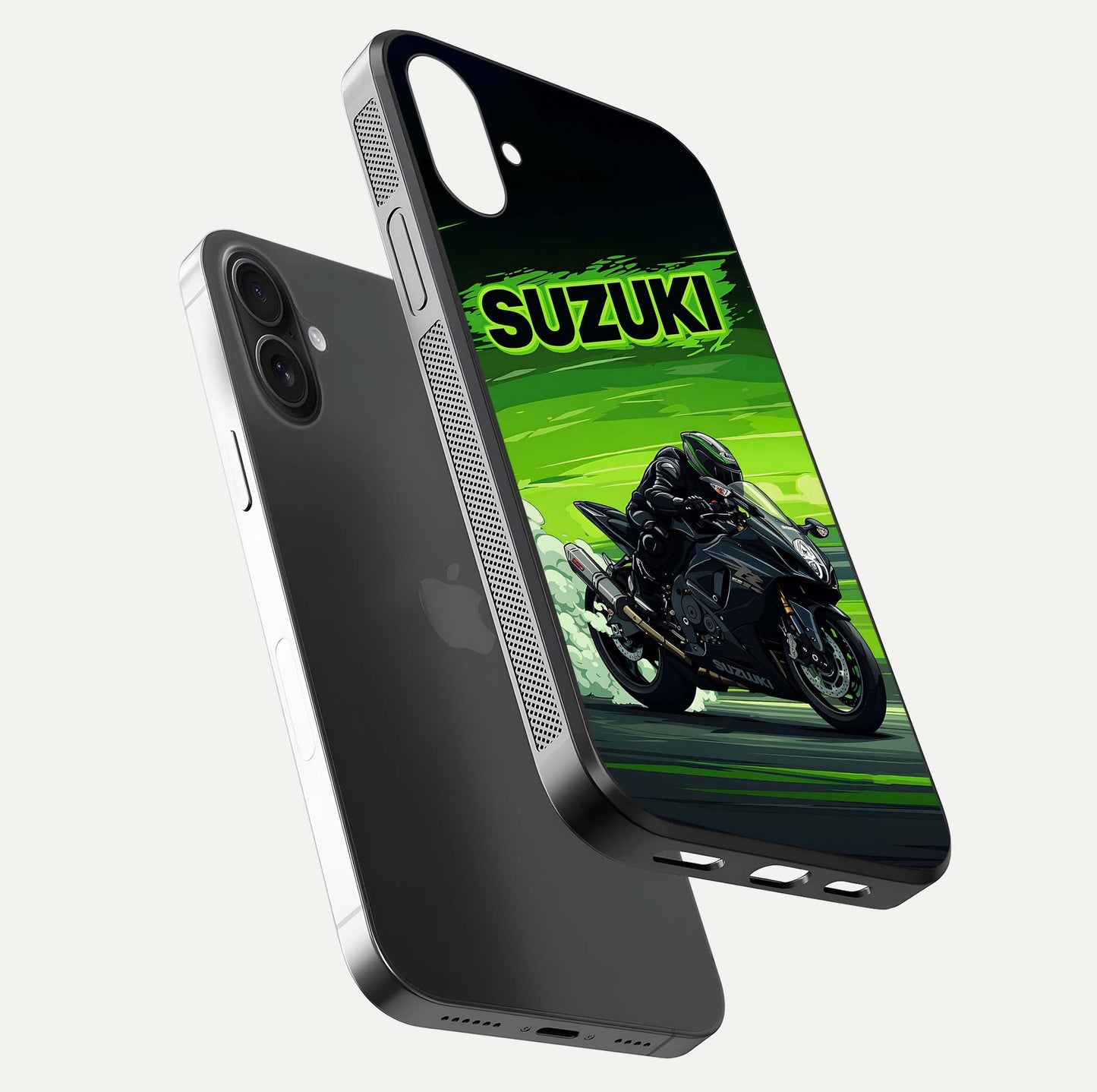 Suzuki Speed Beast Glass Case for iPhone 16 Plus floating dual-view mockup displaying gloss texture and shine