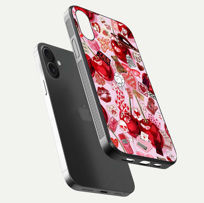 Sweet Cherry Chaos Glass Case for iPhone 16 Plus floating dual-view mockup displaying gloss surface and depth