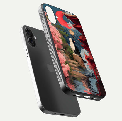 Temple Cat Scenery Glass Case for iPhone 16 Plus floating dual-view mockup displaying gloss and depth detail