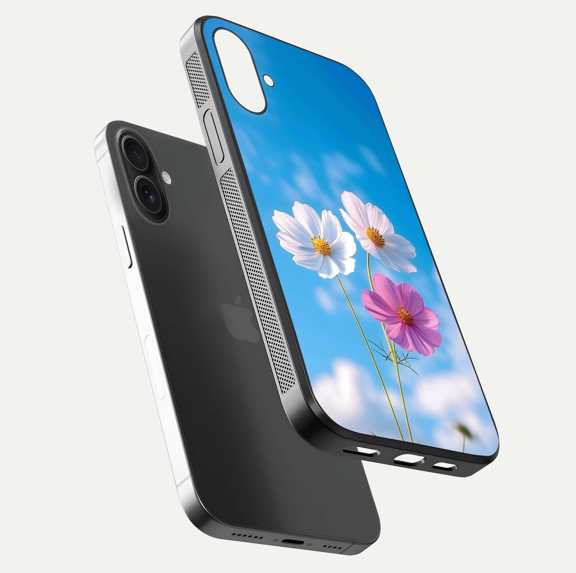Triple Flowers With Sky Glass Case for iPhone 16 Pro floating dual-view mockup displaying gloss and soft hues