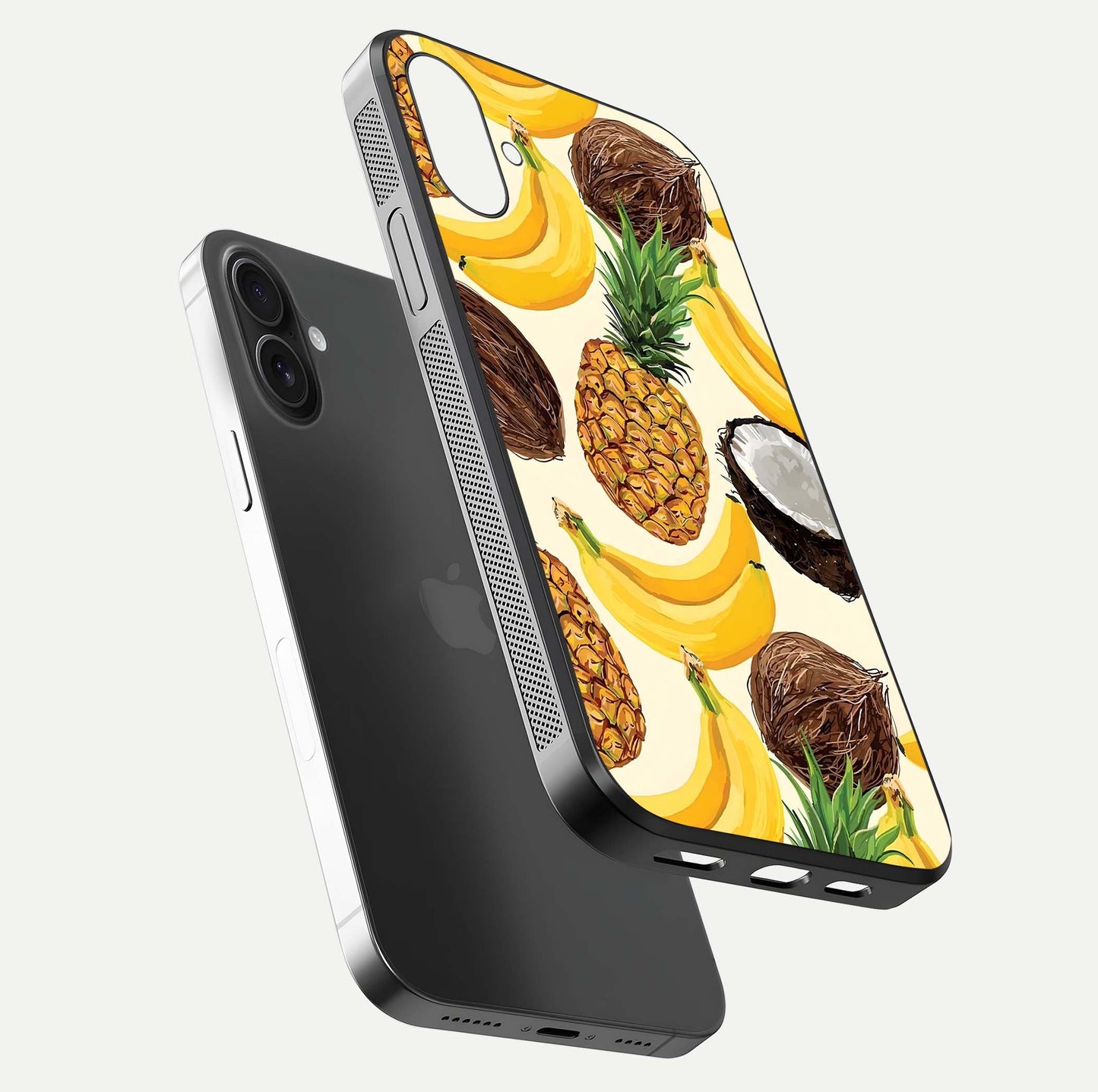 Tropical Fruit Mood Glass Case for iPhone 16 Plus floating dual-view mockup displaying gloss and vibrant colors