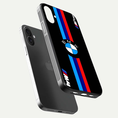 Turbo BMW Beast Glass Case for iPhone 16 Pro floating dual-view mockup displaying gloss texture and vivid print