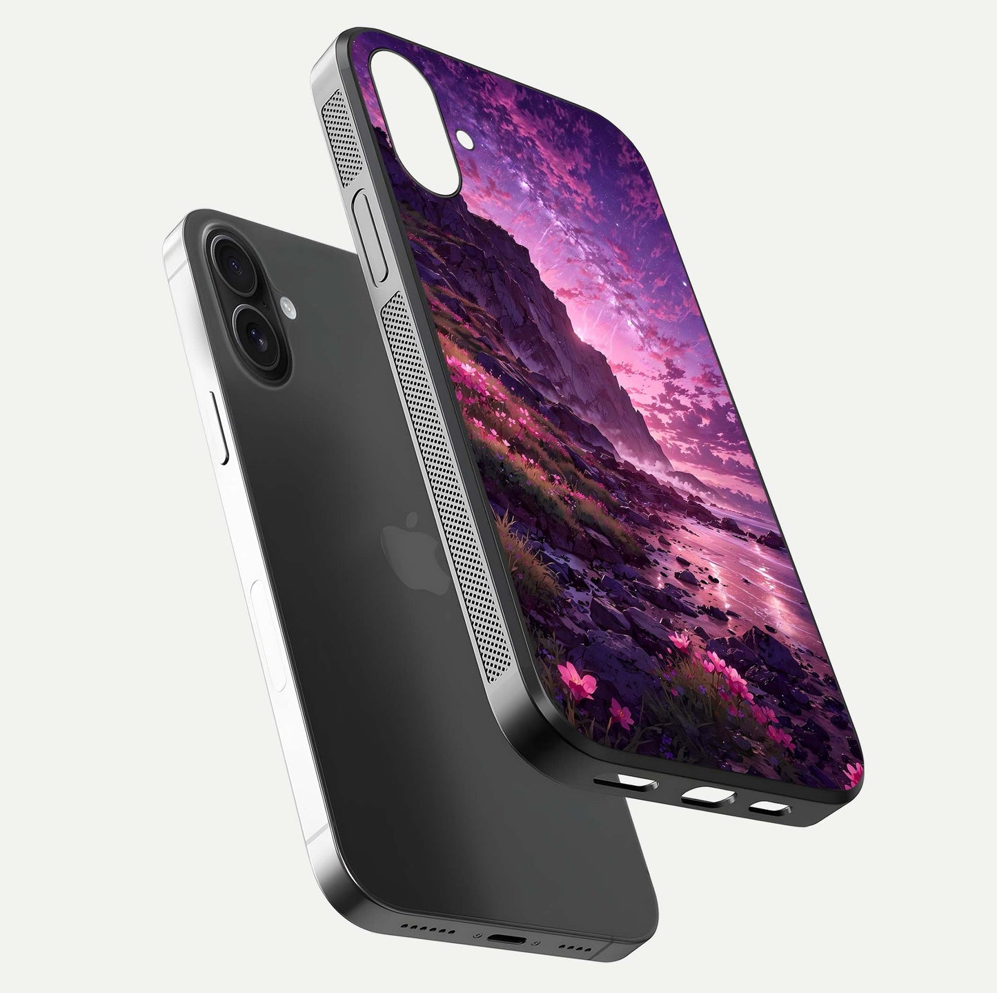Twilight Blossom Coast Glass Case for iPhone 16 Plus floating dual-view mockup displaying gloss surface and detail