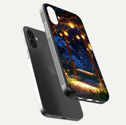 Twilight Garden Swing Glass Case for iPhone 16 Pro floating dual-view mockup displaying gloss and tone balance