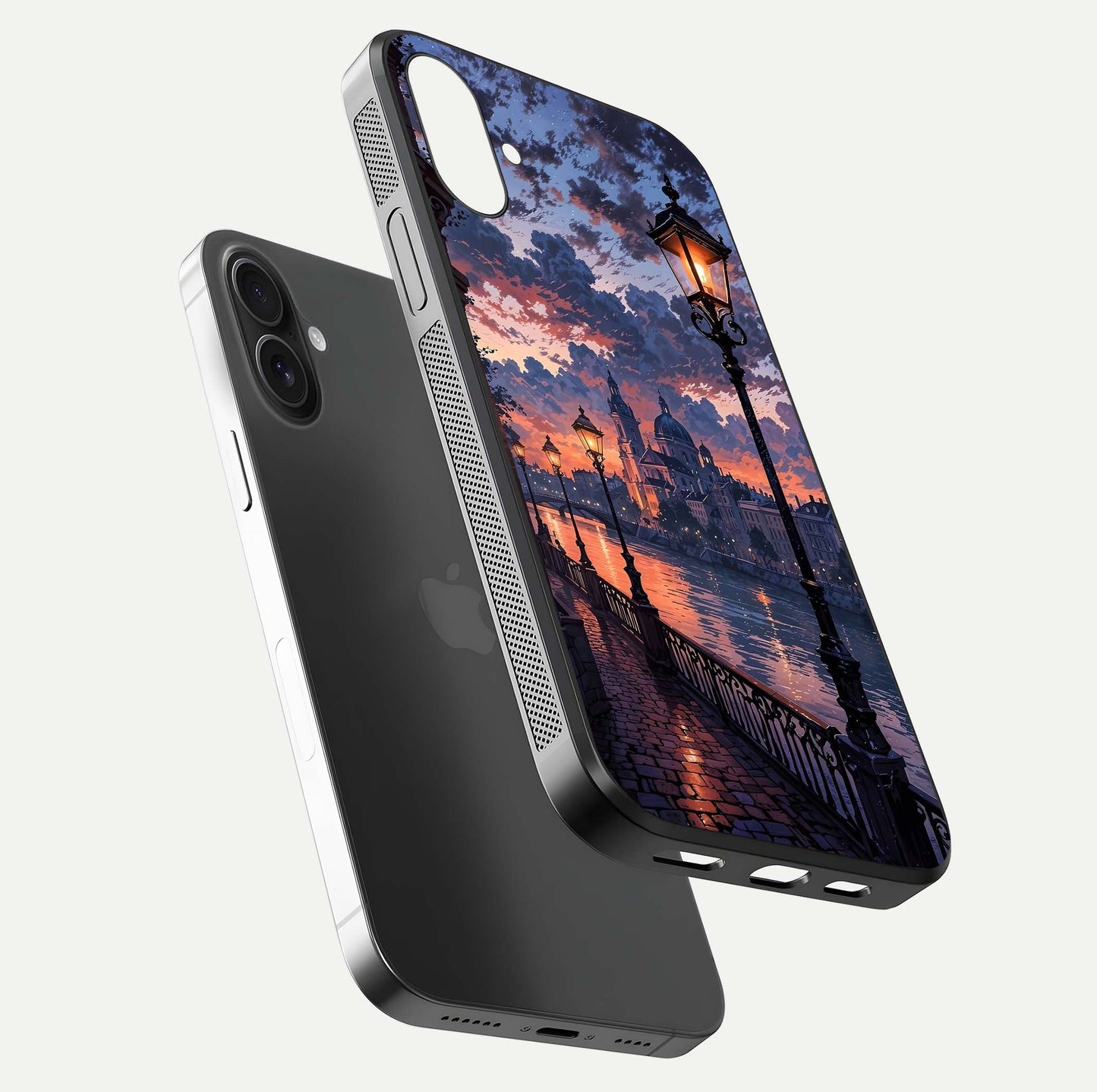 Twilight River Lights Glass Case for iPhone 16 Plus floating dual-view mockup displaying gloss shine and vivid details