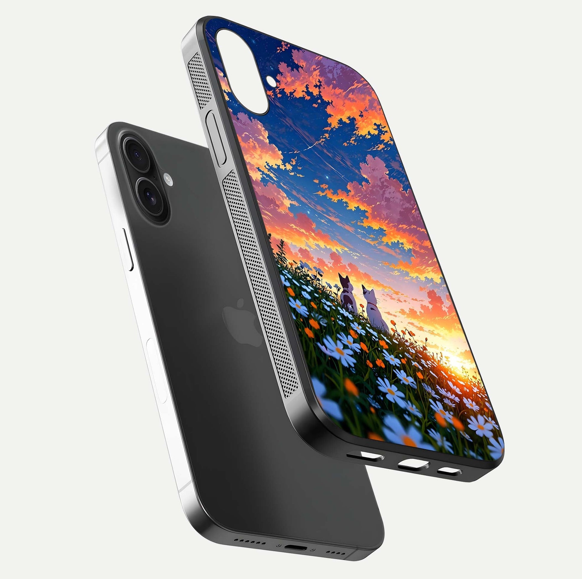 Two Cats Friends Glass Case for iPhone 16 Plus floating dual-view mockup displaying gloss surface and HD print