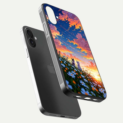Two Cats Friends Glass Case for iPhone 16 Plus floating dual-view mockup displaying gloss surface and HD print