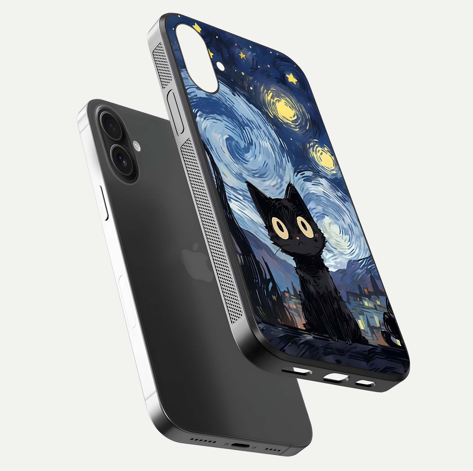 Van Gogh Cat Glass Case for iPhone 16 Plus floating dual-view mockup displaying gloss shine and artistic texture