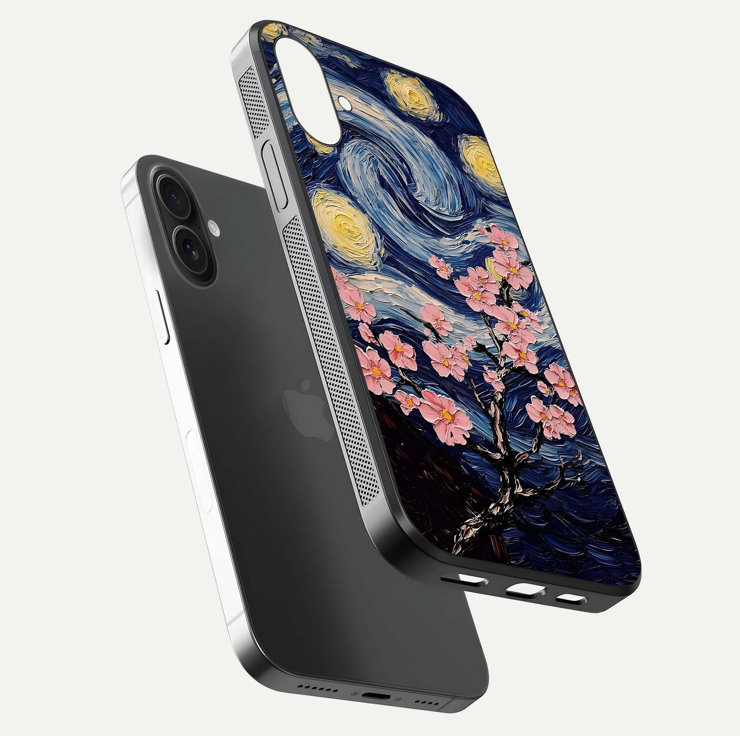 Van Gogh Scenery Glass Case for iPhone 16 Plus floating dual-view mockup displaying gloss reflection and HD quality