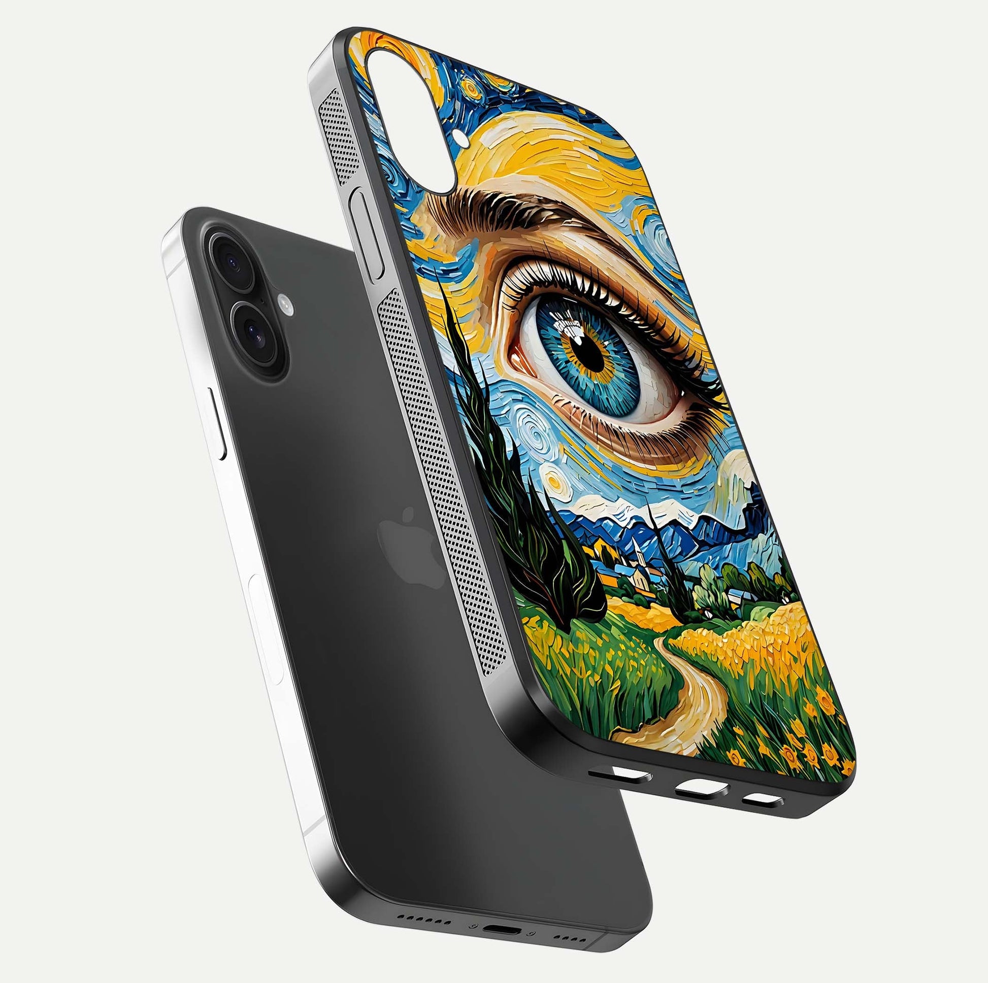 Van Gogh Eye Glass Case for iPhone 16 Plus floating dual-view mockup displaying gloss texture and depth