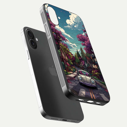 Vintage Street Drive Glass Case for iPhone 16 Plus floating dual-view mockup displaying gloss shine and texture