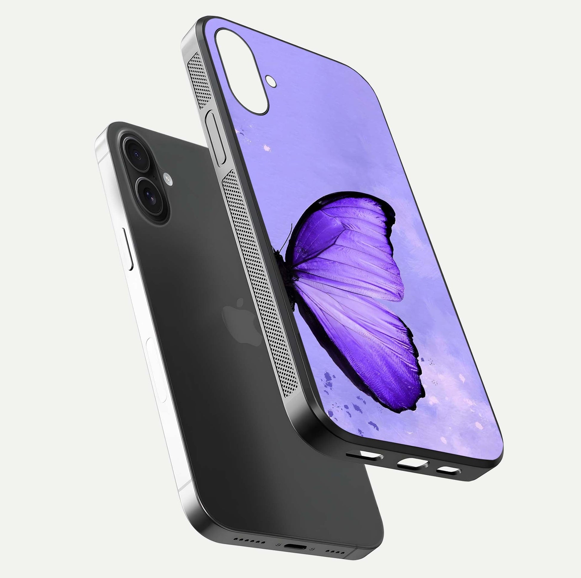 Violet Dream Wing Glass Case for iPhone 16 Pro floating dual-view mockup displaying gloss depth and clarity