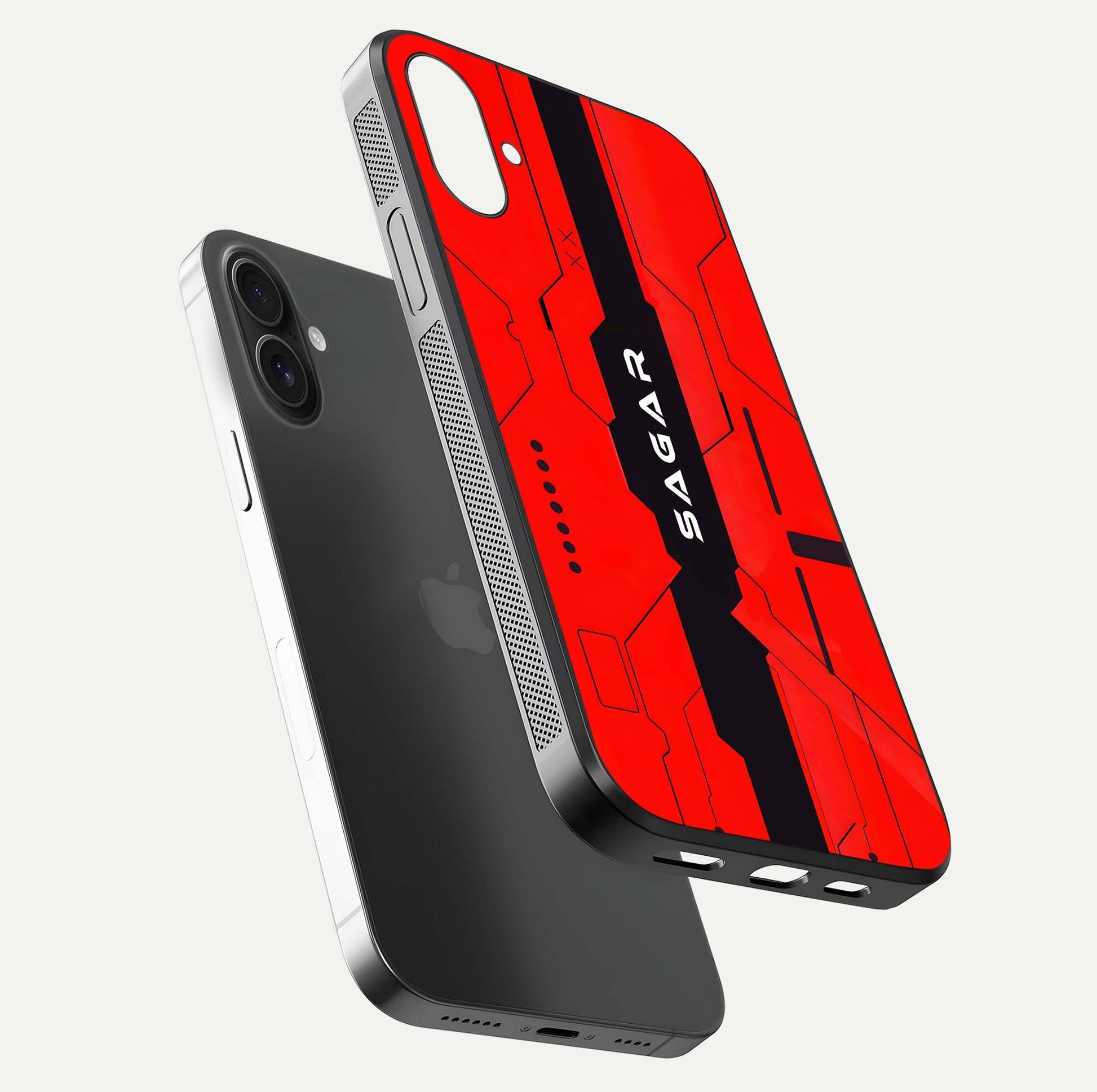 Voltage Rise CYBERPUNK Custom Name Glass Case for iPhone 16 Plus floating dual-view mockup displaying gloss shine and lighting