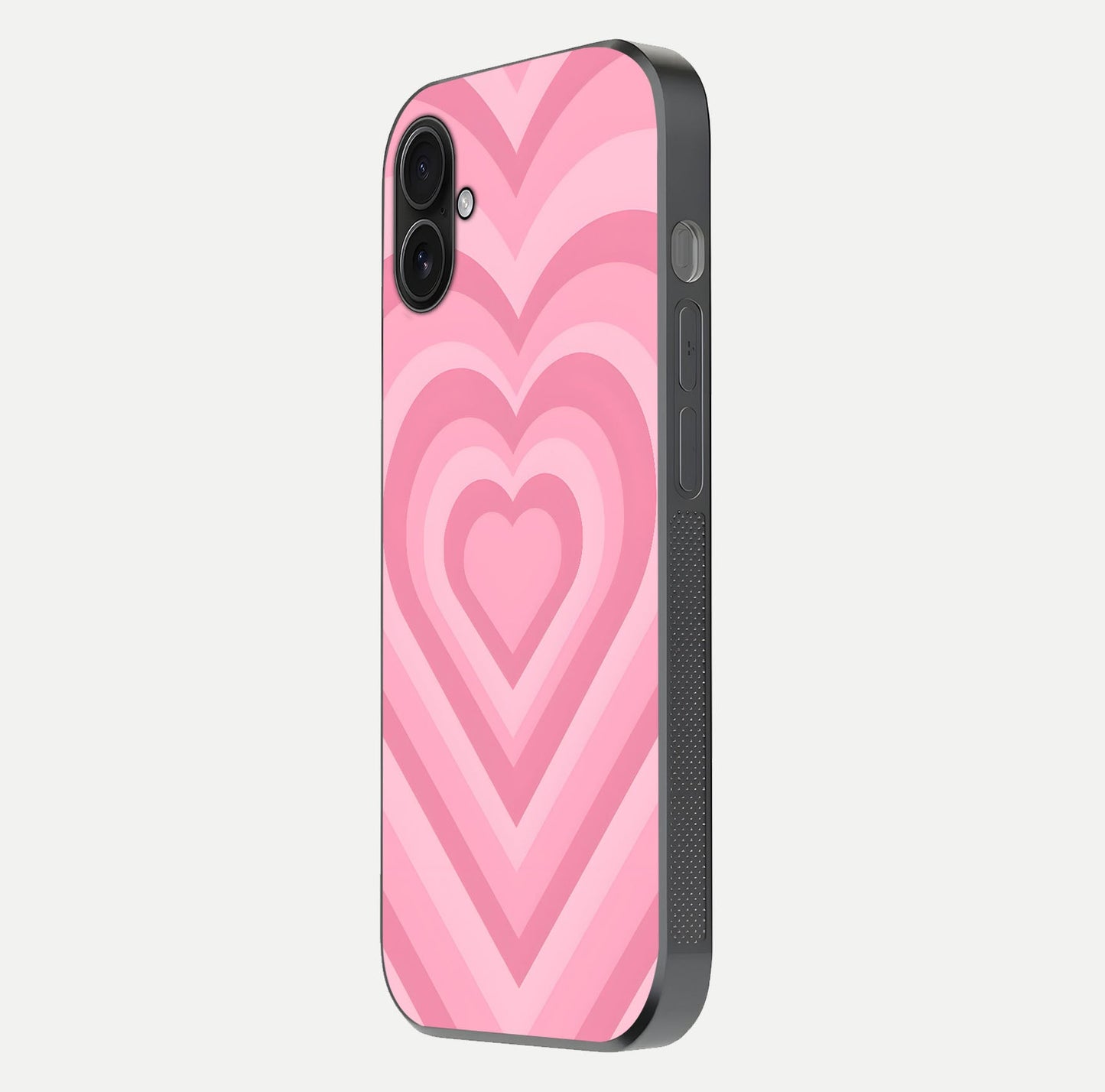 Blush Heart Waves iPhone 16 Plus glass phone case side profile view focusing on smooth edges and elegant wrap