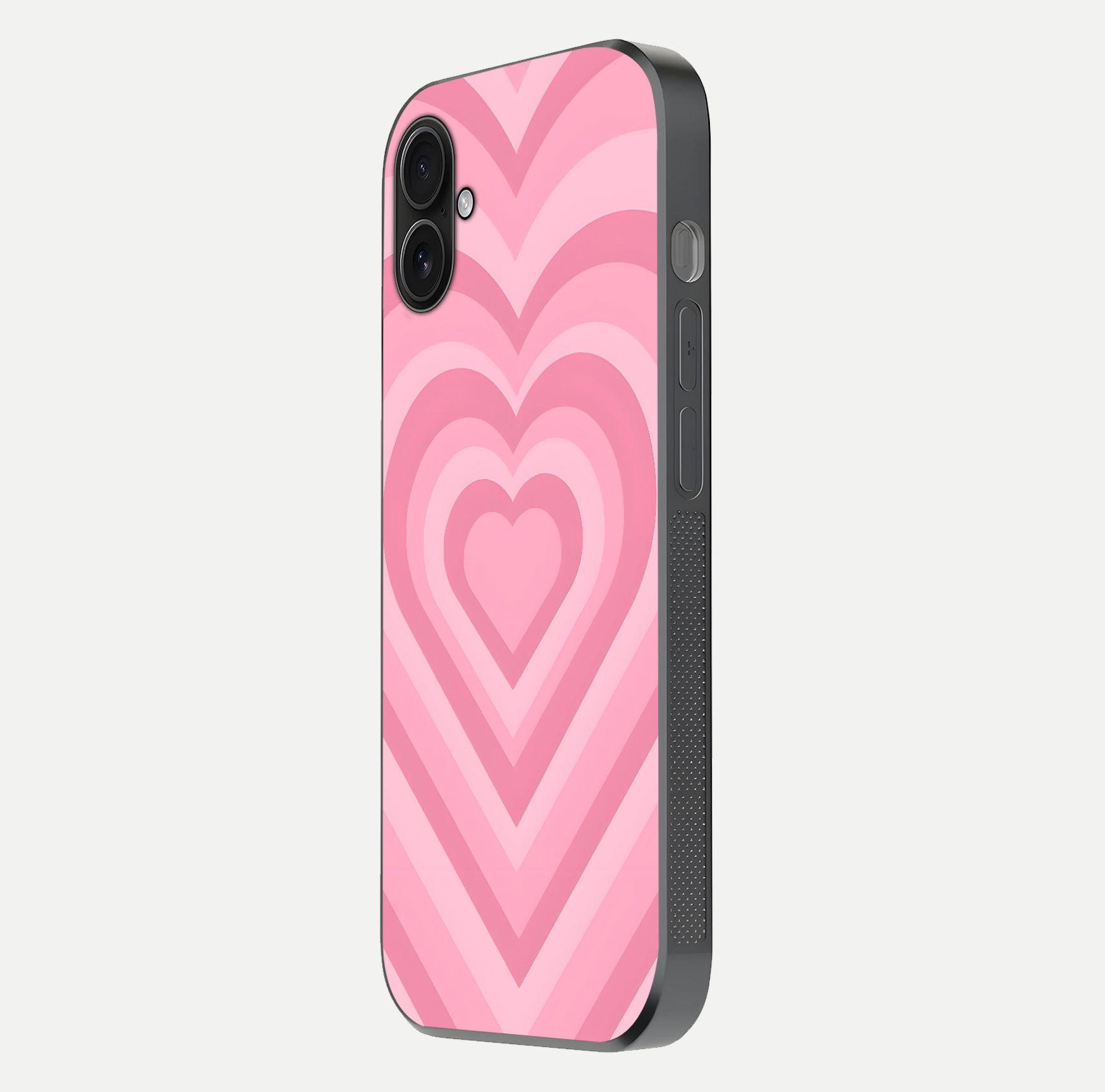 Blush Heart Waves iPhone 16 Plus glass phone case side profile view focusing on smooth edges and elegant wrap