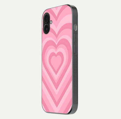 Blush Heart Waves iPhone 16 Plus glass phone case side profile view focusing on smooth edges and elegant wrap