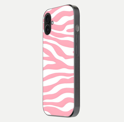 Blush Zebra Flow iPhone 16 Plus glass phone case side profile view focusing on sleek frame and seamless wrap
