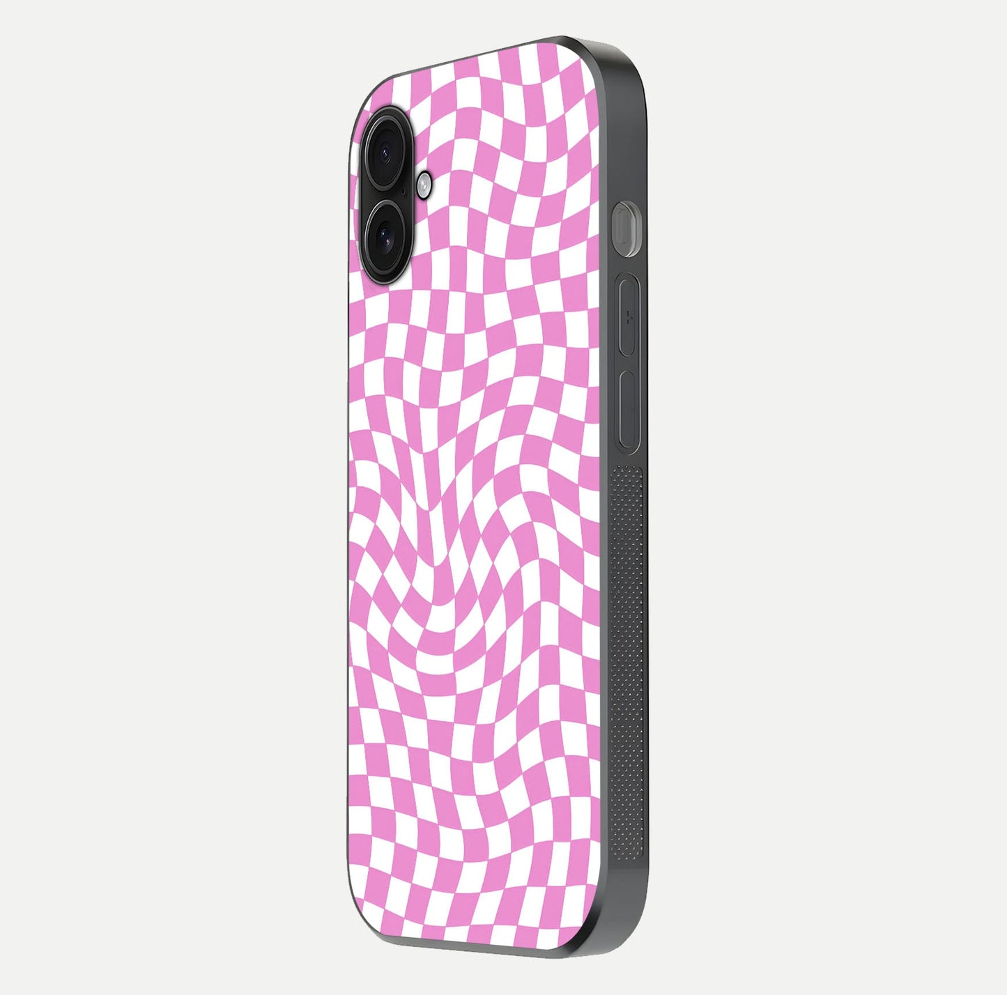 Bubblegum Check Wave iPhone 16 Plus glass phone case side profile view focusing on smooth edges and seamless wrap