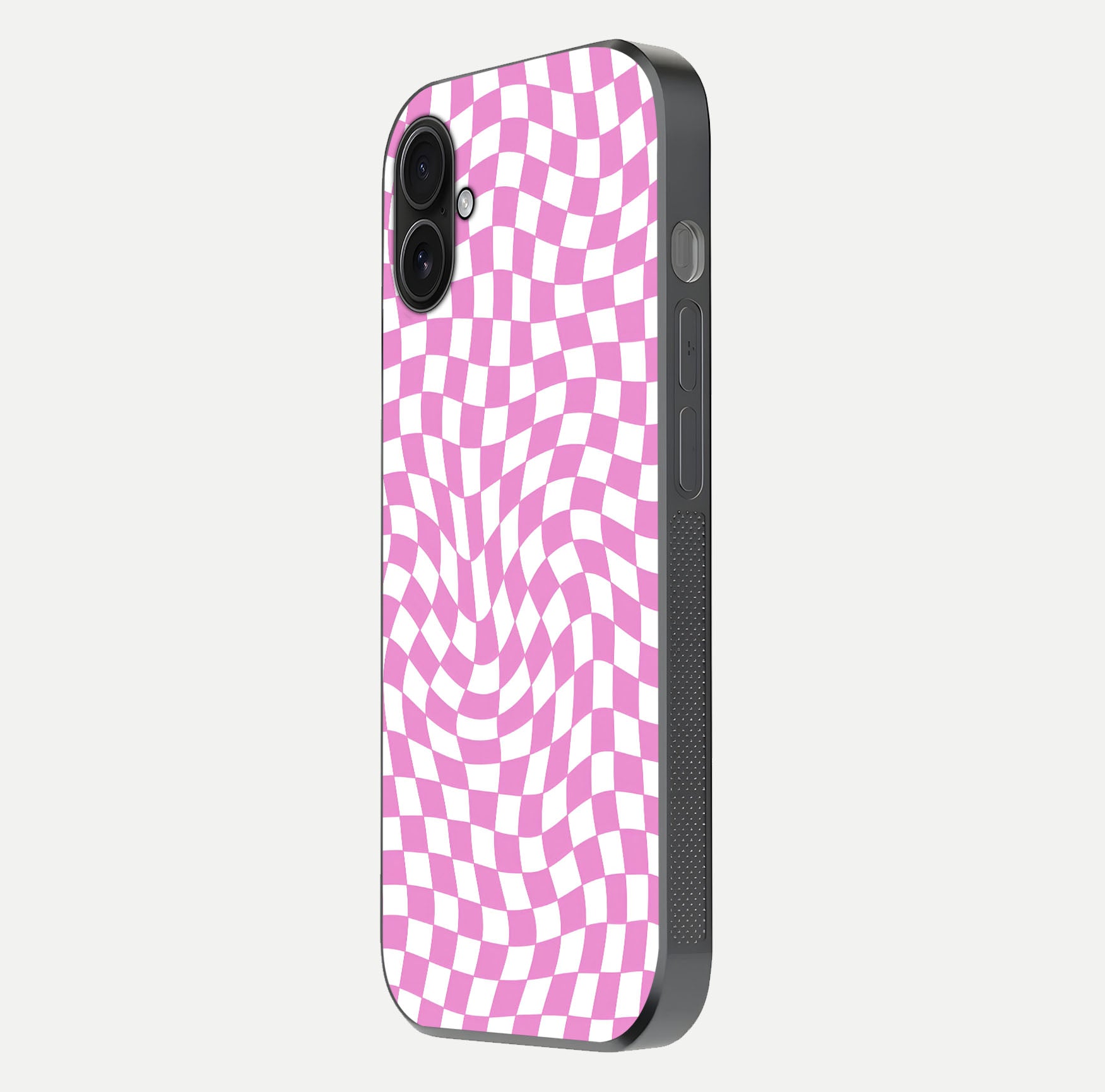Bubblegum Check Wave iPhone 16 Plus glass phone case side profile view focusing on smooth edges and seamless wrap