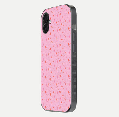 Cosmic Pink Sparkle iPhone 16 Plus glass phone case side profile view focusing on sleek edges and seamless wrap