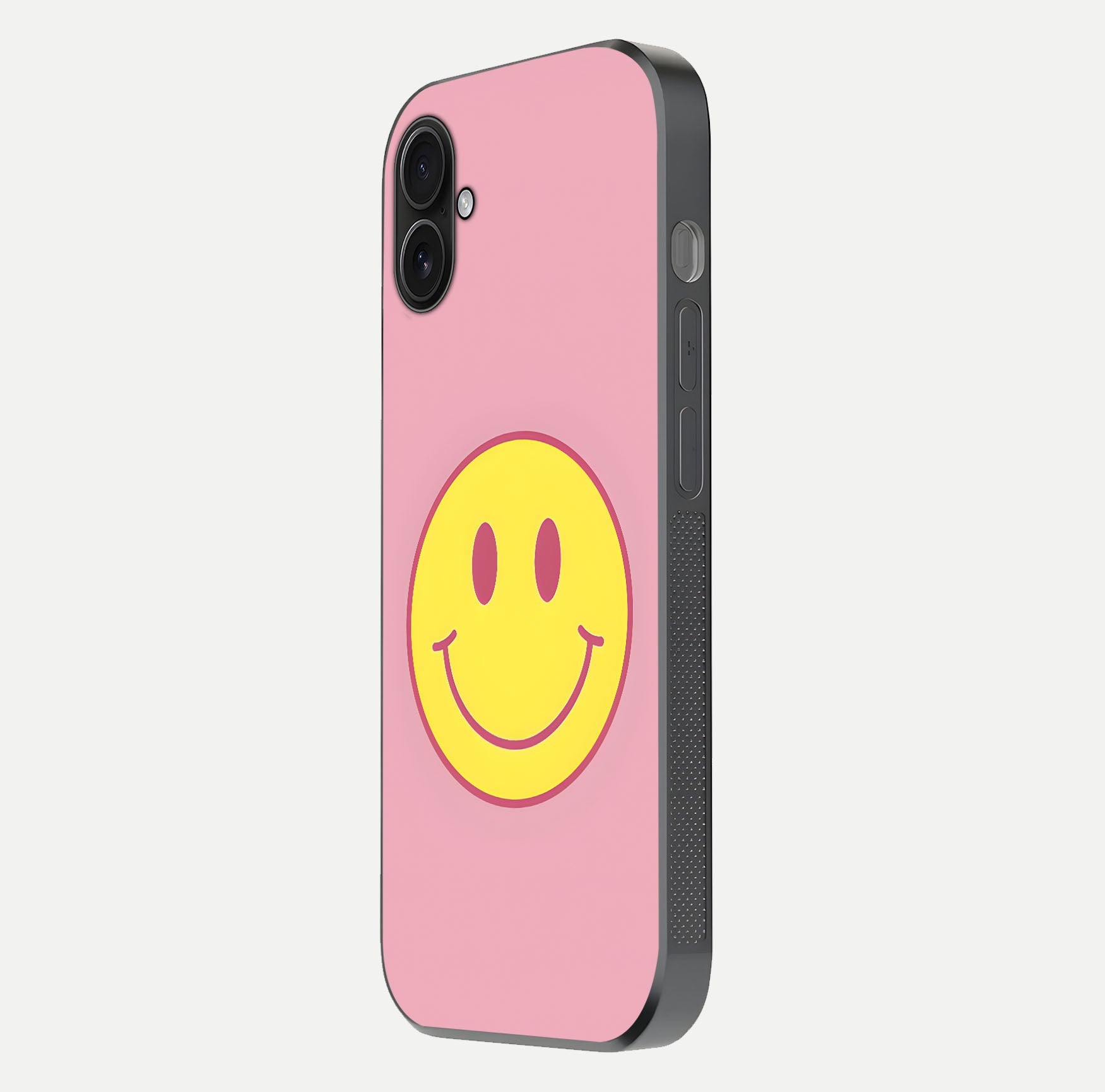 Happy Pink Mood iPhone 16 Plus glass phone case side profile view focusing on smooth frame and clean wrap