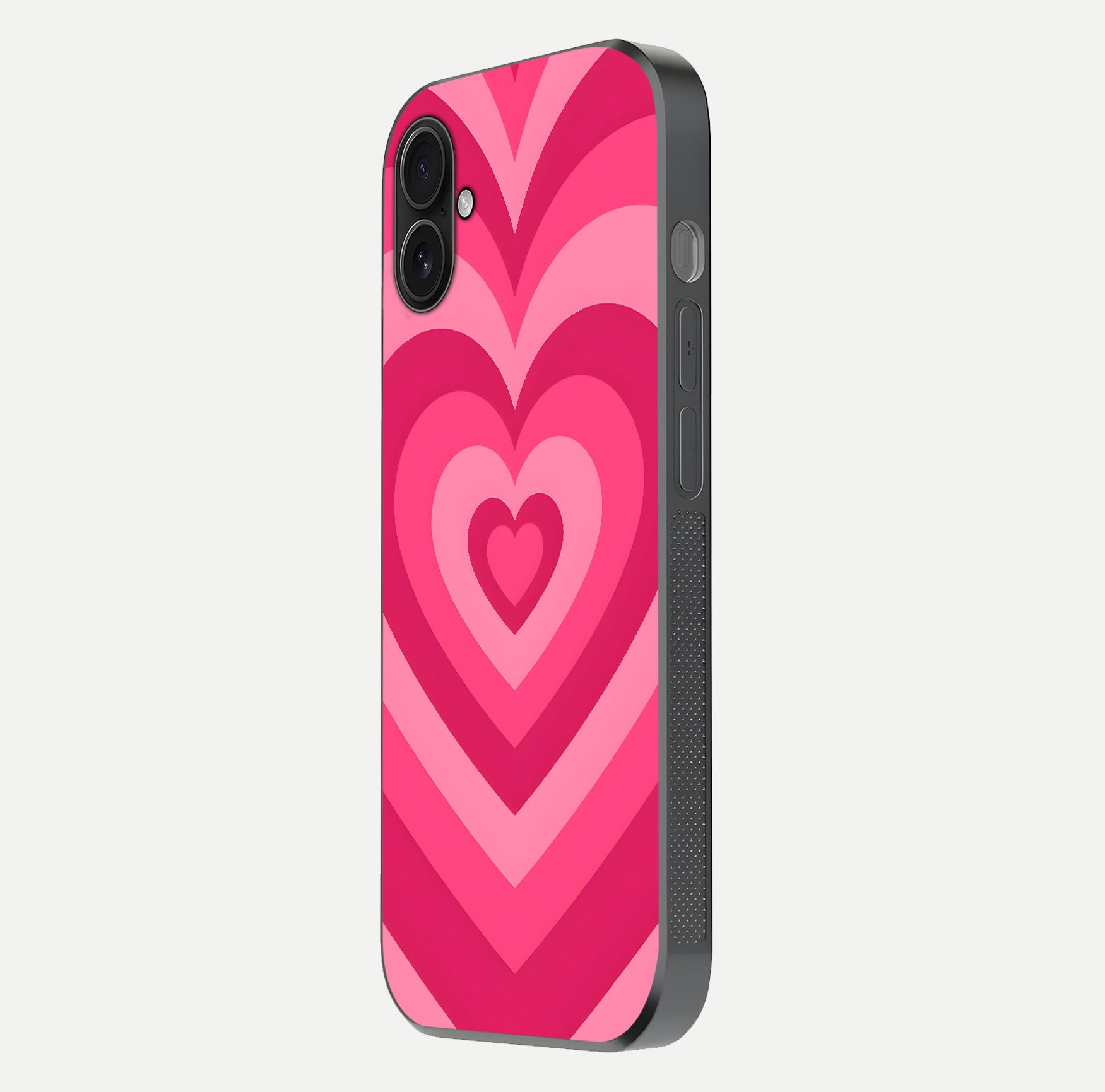 Layered Love Hearts iPhone 16 Plus glass phone case side profile view focusing on sleek edges and seamless wrap