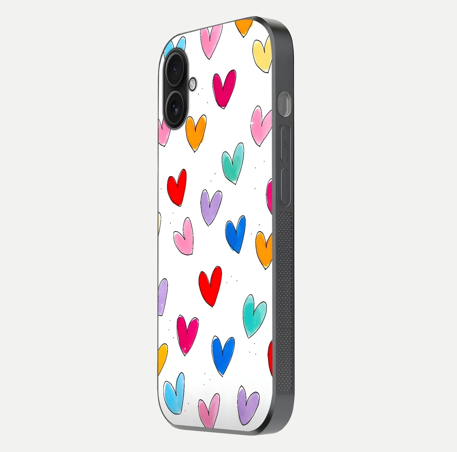 Playful Love Doodles iPhone 16 Plus glass phone case side profile view focusing on smooth frame and seamless wrap