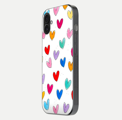 Playful Love Doodles iPhone 16 Plus glass phone case side profile view focusing on smooth frame and seamless wrap