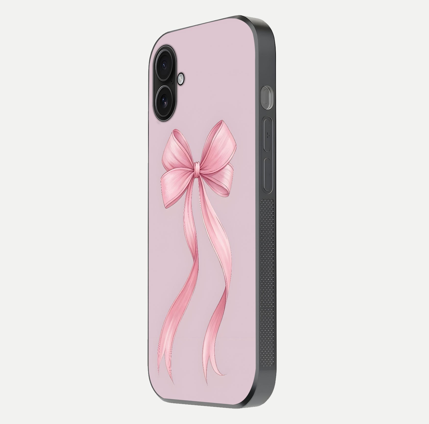 Soft Blush Bow iPhone 16 Plus glass phone case side profile view focusing on sleek edges and seamless wrap