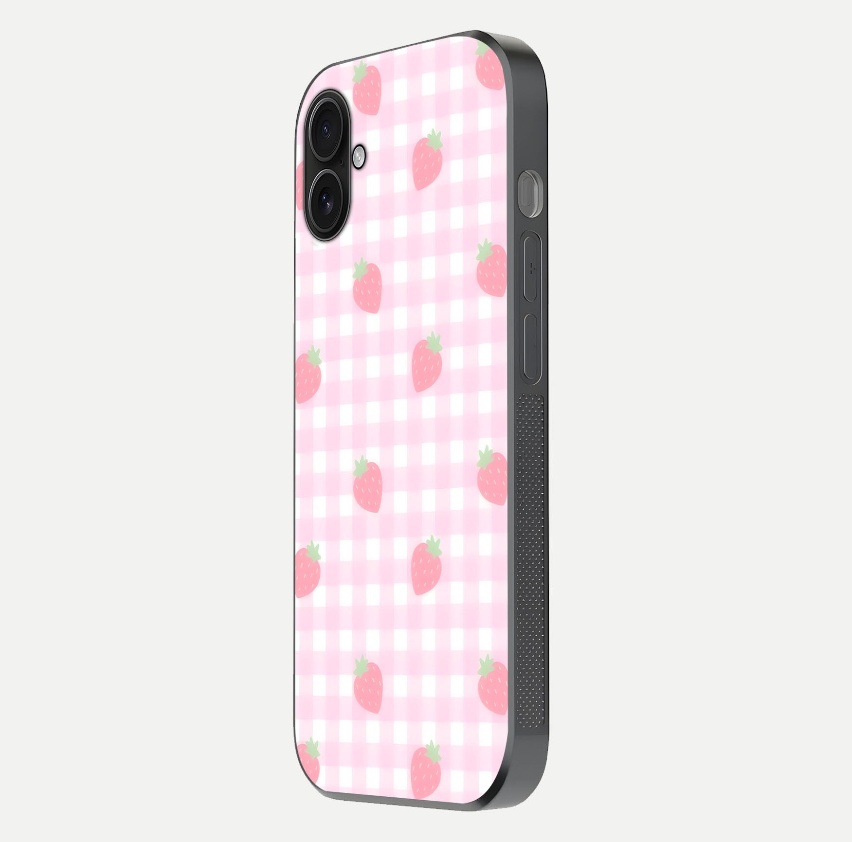 Strawberry Picnic Love iPhone 16 Plus glass phone case side profile view focusing on smooth frame and seamless wrap