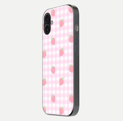 Strawberry Picnic Love iPhone 16 Plus glass phone case side profile view focusing on smooth frame and seamless wrap