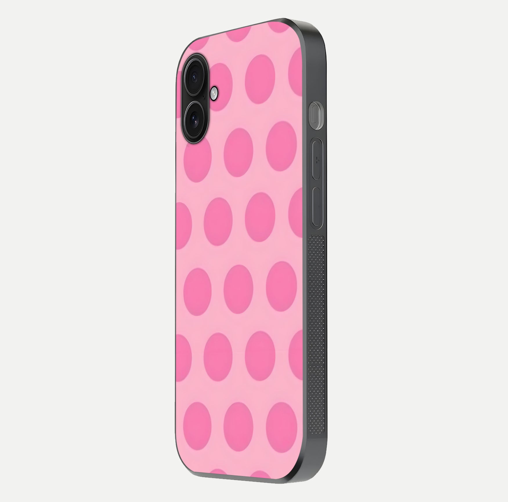 Sweet Dot Dreams iPhone 16 Plus glass phone case side profile view focusing on sleek edges and seamless wrap