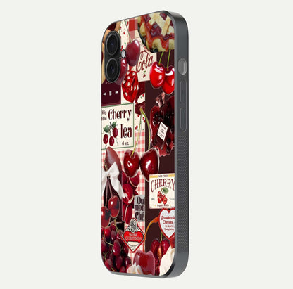 Aesthetic Cherry Tea Glass Case for iPhone 16 Pro side-angle image showing cherry collage print, camera module, and glossy finish reflection