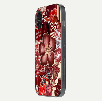 Aesthetic Little Freak Glass Case for iPhone 16 Pro side-angle image showing colorful design, camera module, and glossy finish reflection