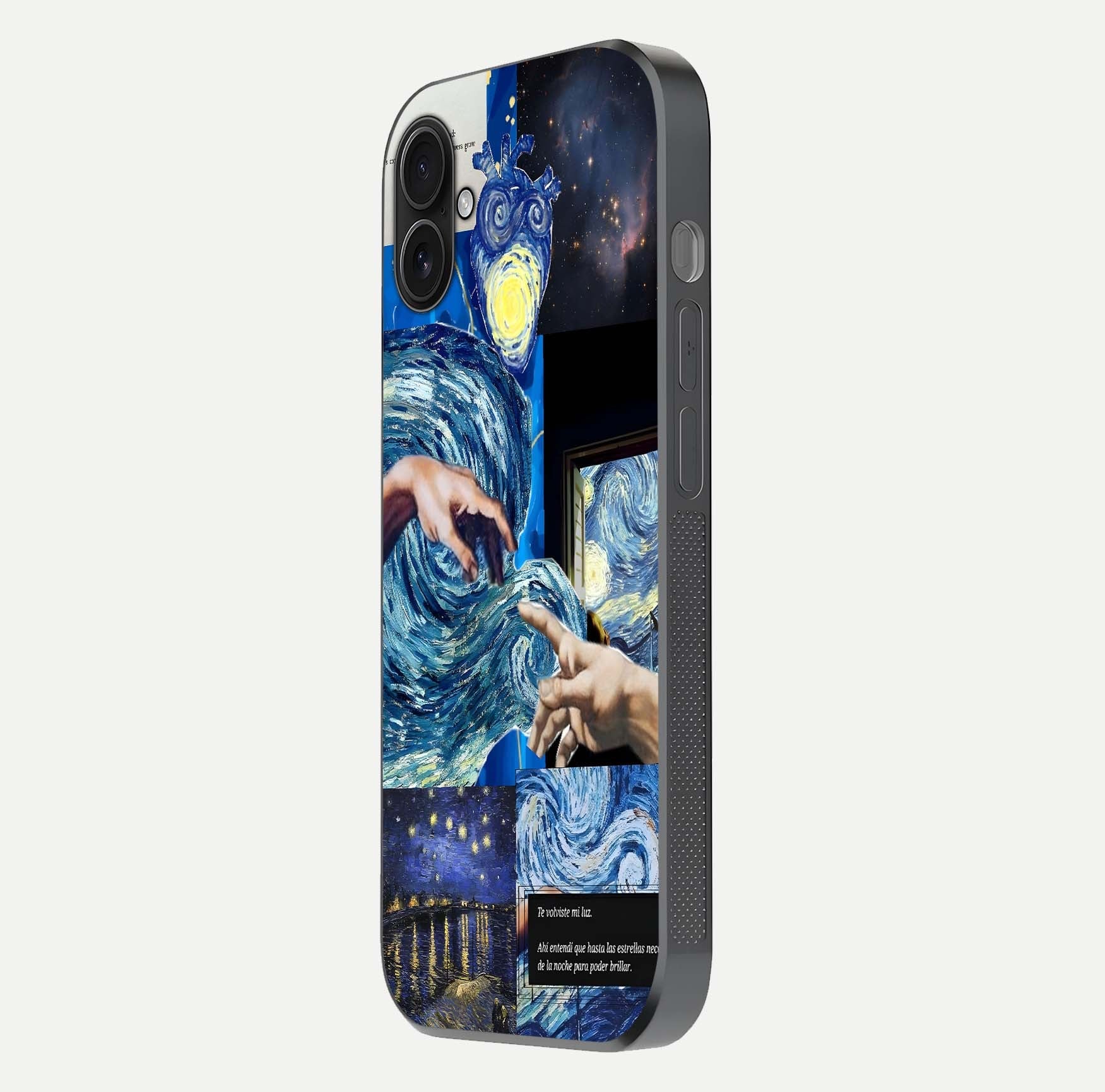 Aesthetic Vando Hands Glass Case for iPhone 16 Pro side-angle image showcasing hand design, protective edges, and gloss texture