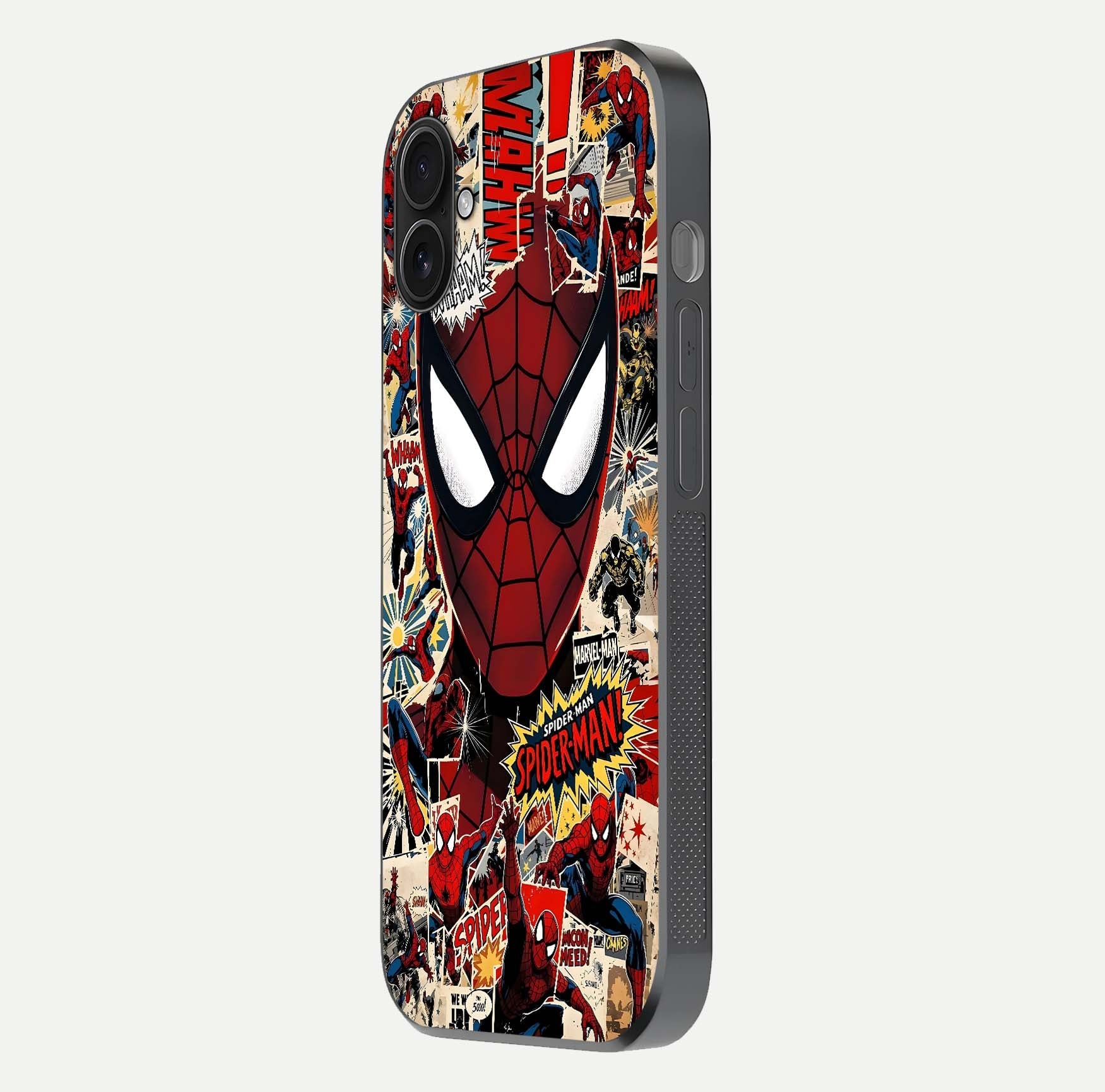 Aesthetic Wonder Spider Glass Case for iPhone 16 Pro side-angle shot showing red-blue tones and durable protective frame