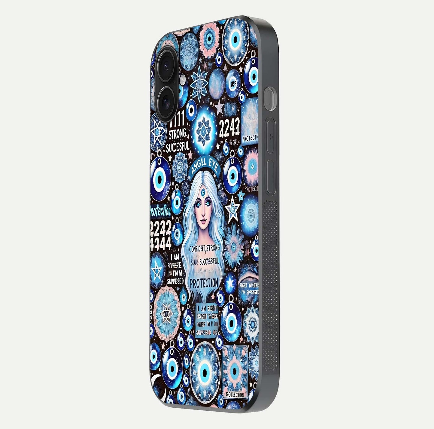 Angel Aura Shield Glass Case for iPhone 16 Pro side-angle photo showcasing aura details and glossy surface reflection