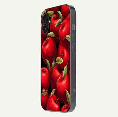 Apple Pattern Glass Case for iPhone 16 Pro side-angle image showcasing minimalist apple print and gloss reflection