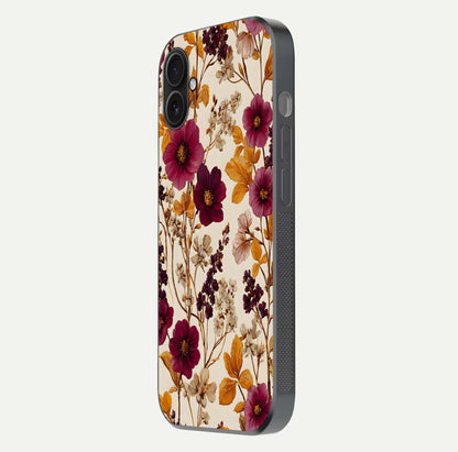 Autumn Wine Bloom Glass Case for iPhone 16 Pro side-angle showcasing floral design, texture gloss, and camera frame