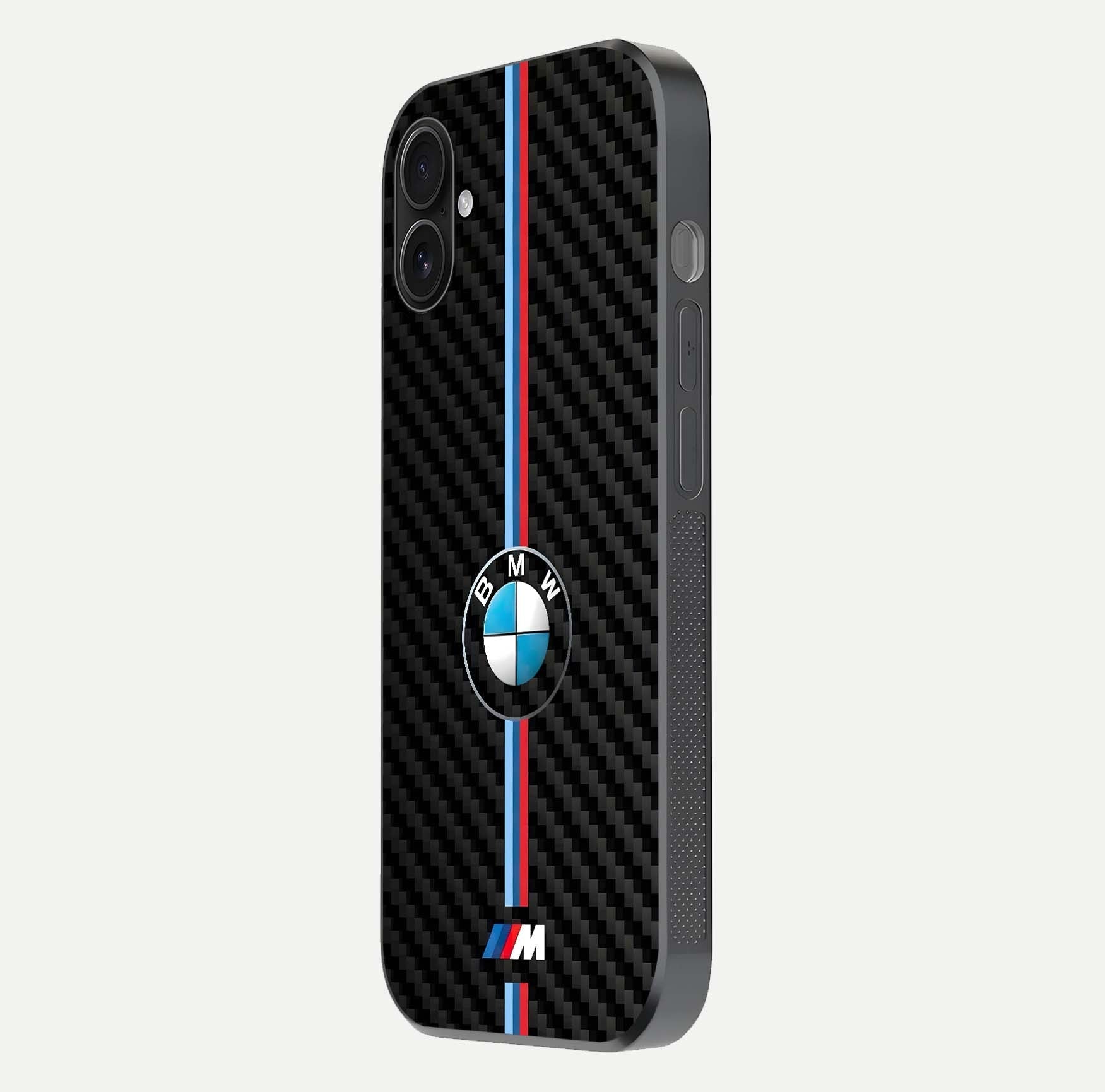 BMW Pattern Glass Case for iPhone 16 Plus side-angle image showing edge finish and luxury car-inspired shine