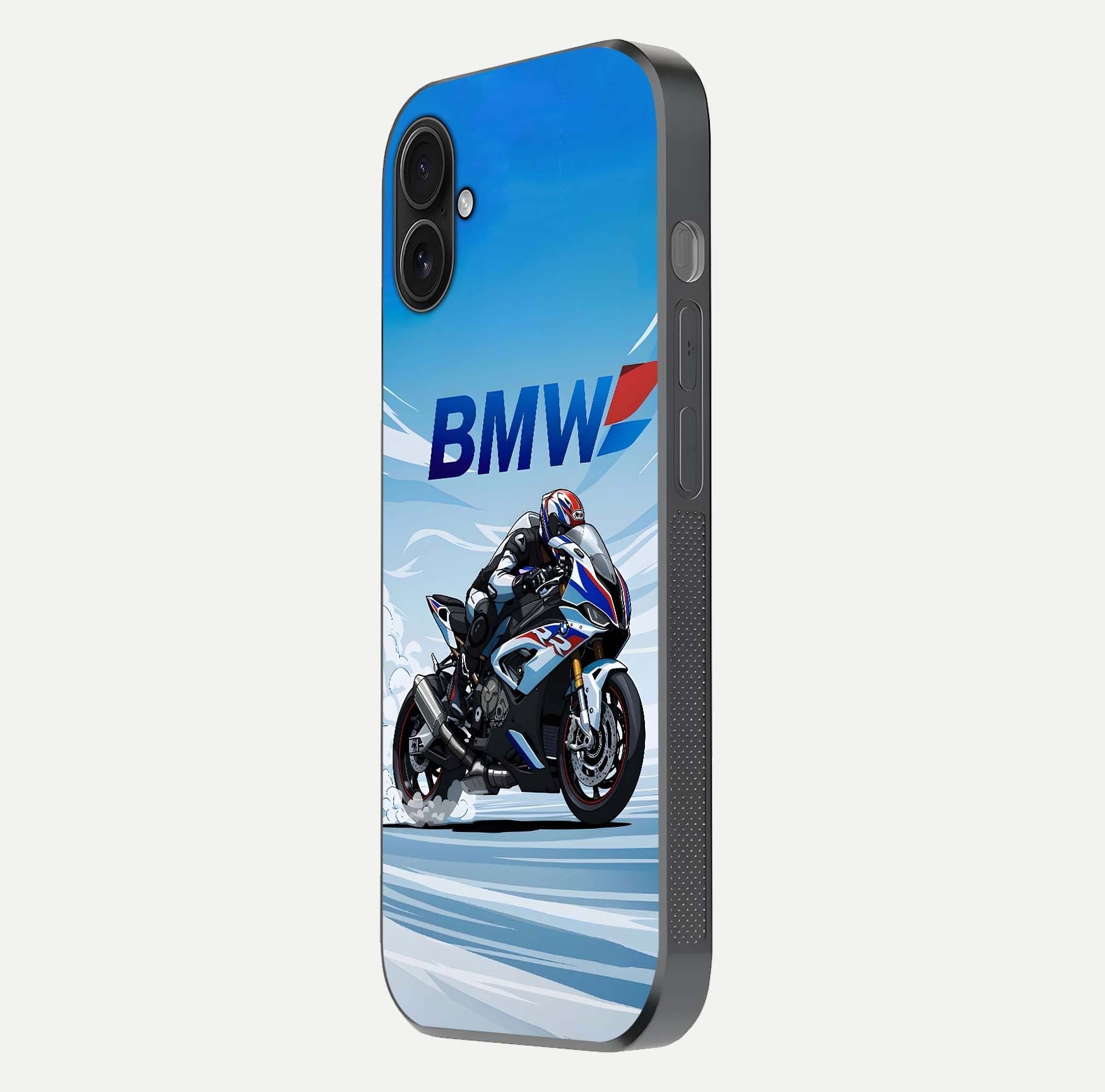 BMW Power Drift Glass Case for iPhone 16 Plus side-angle image emphasizing smooth finish and detailed design